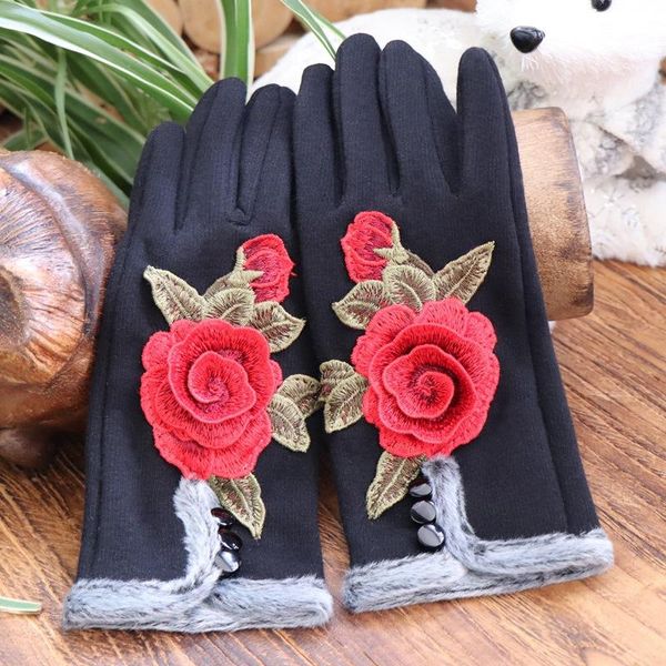 

women plush warm gloves hand embroidery flower knitted touch screen full finger autumn winter riding warm thickening gloves, Blue;gray