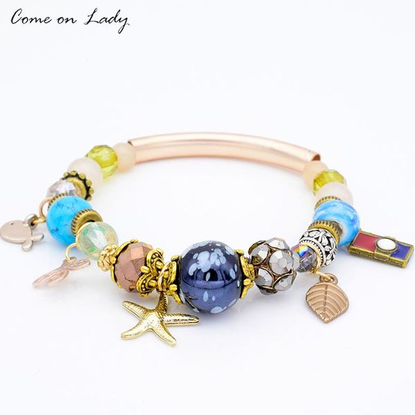 

charm bracelets 3 color fish tree starfish leaf multi- ceramic crystal natural stone beads hangling pendants br181, Golden;silver