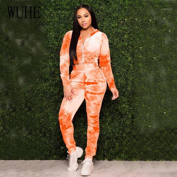 

wuhe woman sportwear tie dye print two piece set zipper hoodies jogger pants suit tracksuit autumn matching set outfits1, Gray