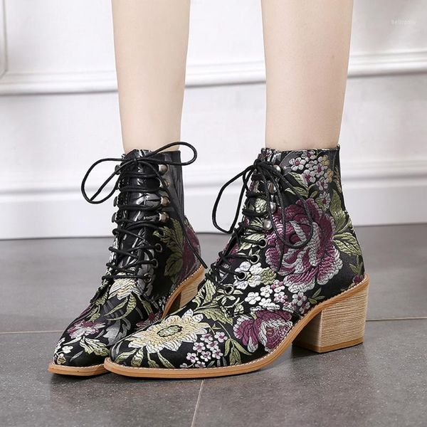 

women boots women's short boots fashion cloth embroidery boot lace-up pointed toe shoe #yb401, Black