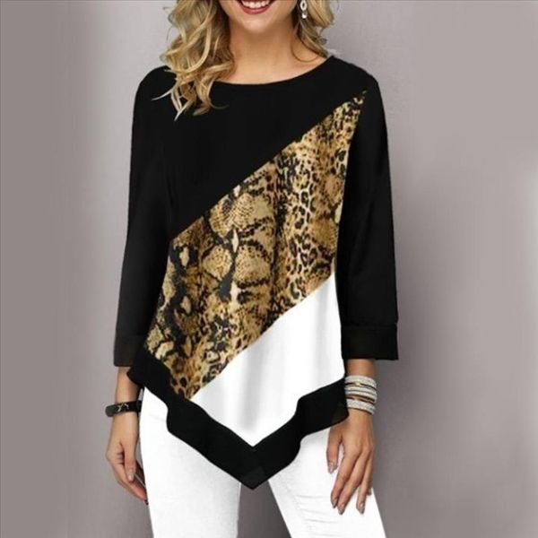 

2020 new women blouse stylish o neck 3 4 sleeve irregular hem leopard patchwork blouse loose fit womens clothing, White