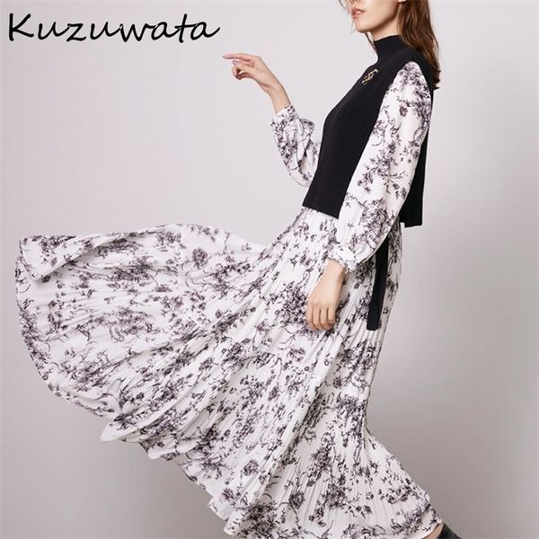 Kuzuwata japonês doce feminino robes outono inverno vestidos impressão vestidos plissados com cordão tricô colete ternos 220221