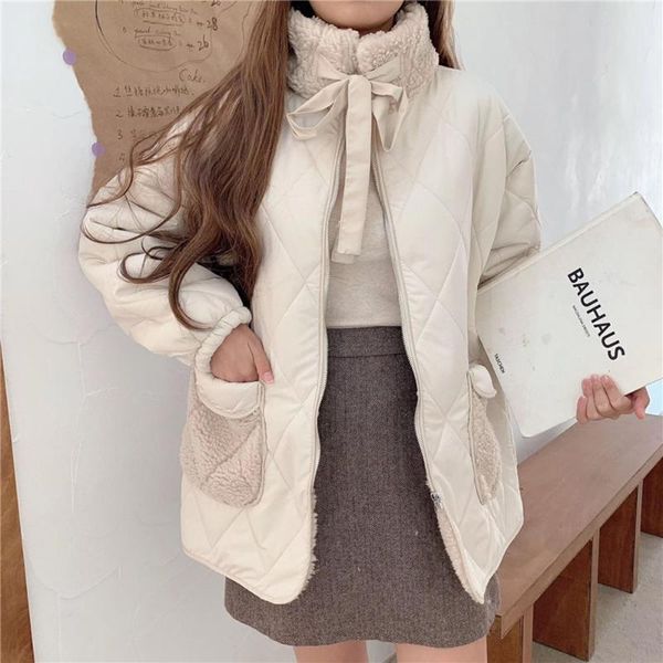 

women's down & parkas women cotton padded jacket lamb wool coat female winter korean loose pockets plush thick warm japanese wadded jac, Black