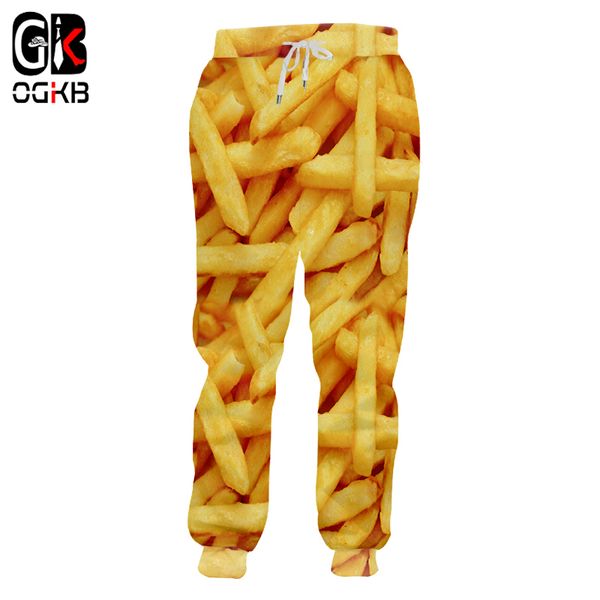 OGKB Calça Jogger Moda Masculina Loose Food 3D Sweat Pants Estampa Batata Frita Chips Streetwear Plus Size 5XL Traje Homem Moletom 201130