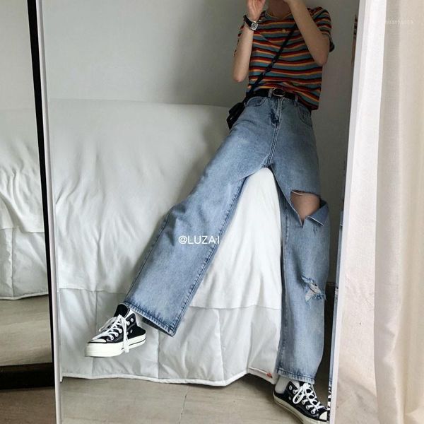 

high waist loose straight denim destroyed ripped hole pant women streetwear fashion vintage boyfriend jeans casual trousers1, Blue
