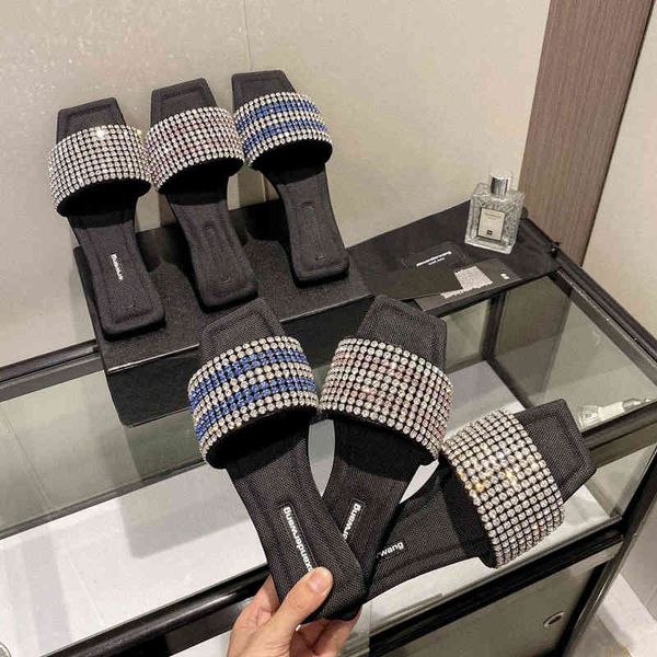

design flat slippers, women wear square head rhinestone line sandals outside, Black