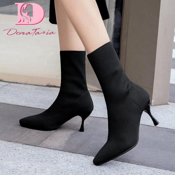 

doratasia new fashion female thin high heels ankle boots pointed toe solid boots women 2020 office elegant shoes woman, Black