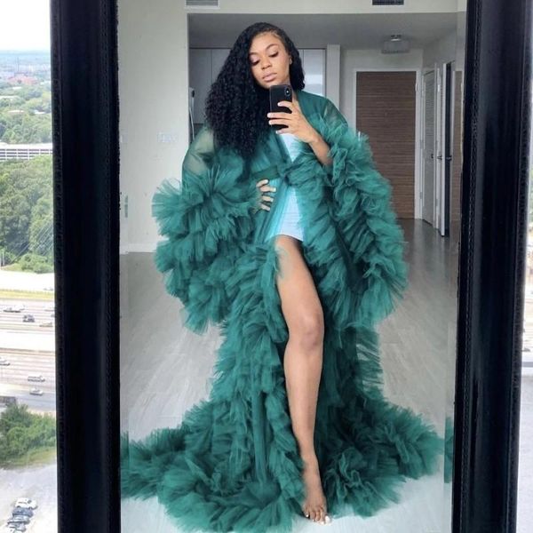 

fashion ruffles tulle kimono women evening dress robe extra puffy prom party dresses puffy sleeves african cape cloak pregnant gowns, Black;red
