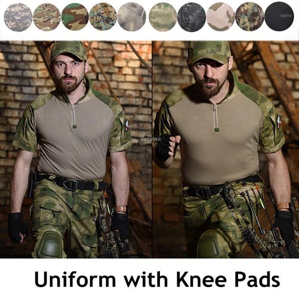 

hunting sets short sleeve camouflage tactical uniform for cs game combat t shirt + pants with knee pads1, Camo