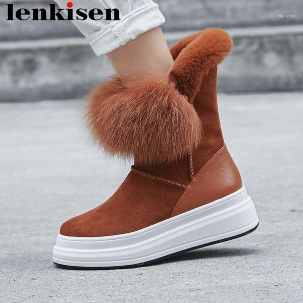 

lenkisen vintage style fur decoration young lady med thick bottom waterproof round toe slip on keep warm winter snow boots l511, Black