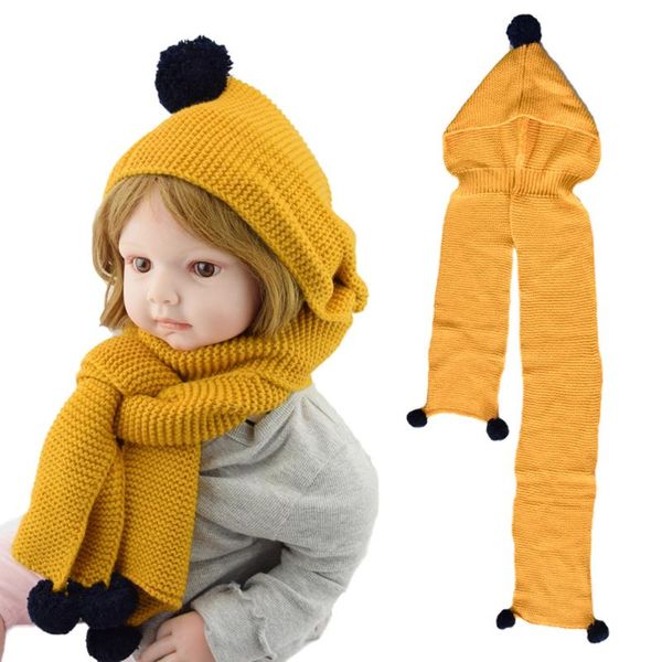 

Children's Scarf with Hat, Hooded Shawl, Autumn and Winter Dual-use Warm Woolen Knitted Hat, One-piece Fur Ball Scarf, Blue;gray