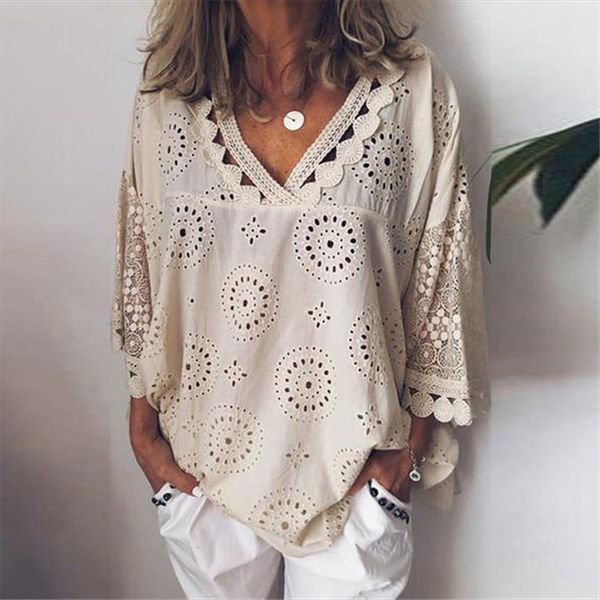 

fashion womens summer blouse shirt lady casual loose v neck hollow out lace embroidered half sleeve blouses plus size 5xl, White