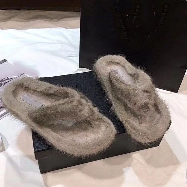 

2020-ladies mink fur slippers winter shoes mink hair flip flops fur warm and comfortable wear resistant flat slippers 35-40 with box, Black