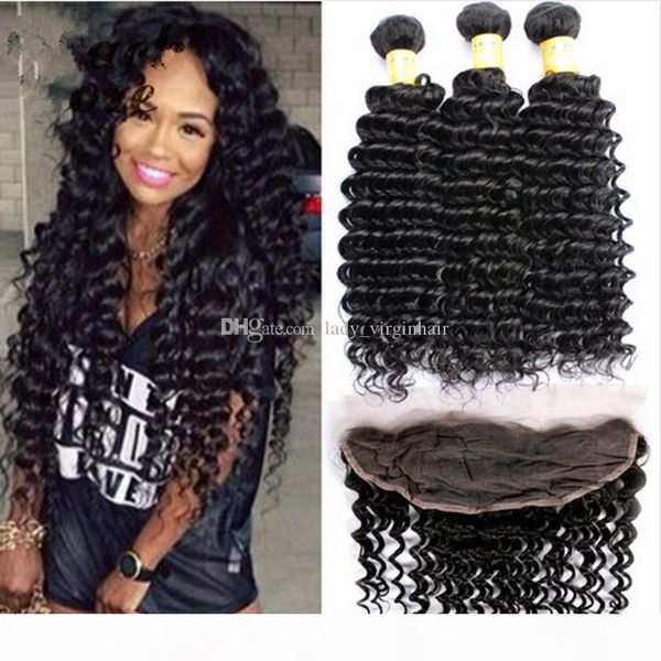 

8a malaysian lace frontal with bundles,deep wave hair with 13x4 lace frontal,human hair weave with full lace frontal closure bleached knots, Black