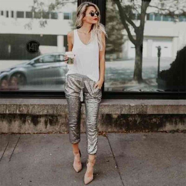 

golden fashion sequined slim long pants womens high waist pencil pants high street tide style female skinny, Black;white