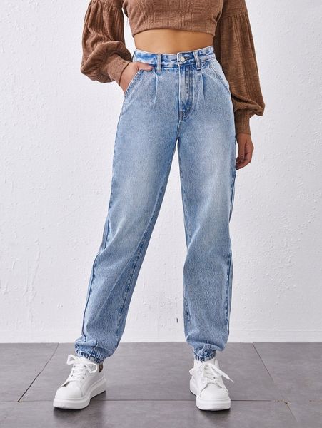 

light wash mom jeans k55p#, Blue