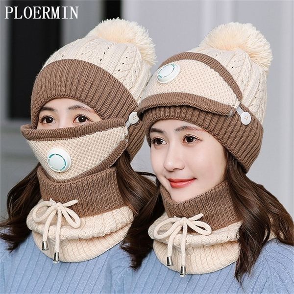 

brand new beanies hat women sets 3pcthick knit skullies hats scarf mask female winter outdoor windproof warm knitted wool caps y201024, Blue;gray