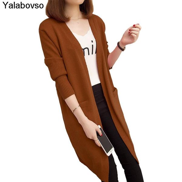 

women's spring autumn new korean open shirt solid color loose with pocket knit cardigan medium length sweaters yalabovso, White