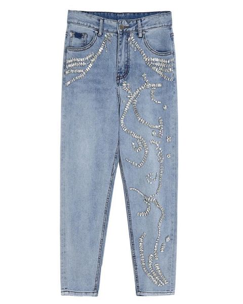

rhinestone jeans women 2021 spring summer heavy industry fashion beads high waist loose casual straight denim pants p2265, Blue