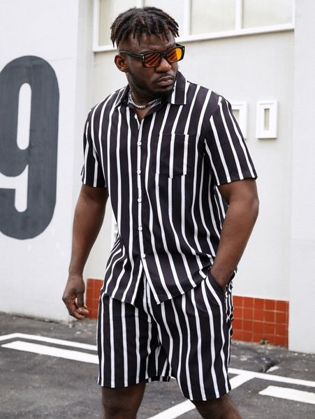 

extended sizes men striped patched pocket shirt & shorts p9p8#, Gray