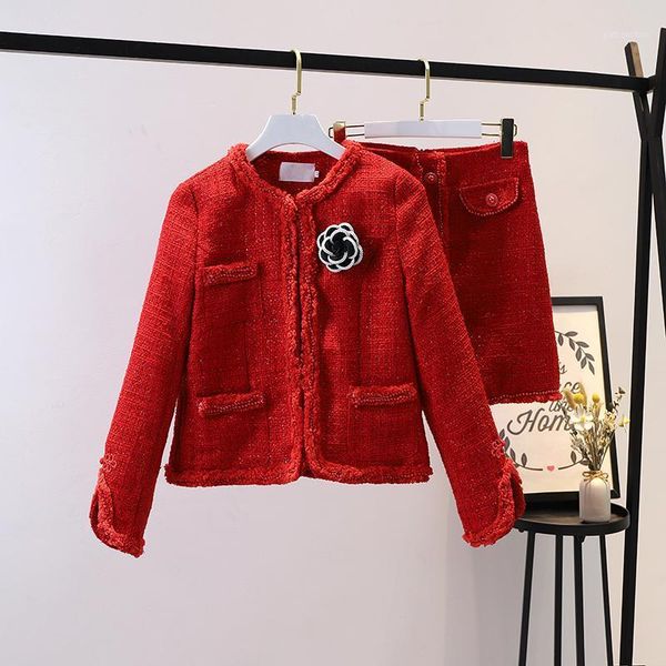 

autumn and winter new women elegant fashion tweed short coat skirt two-piece sets long sleeve o-neck red jacket bodycon skirts1, Gray