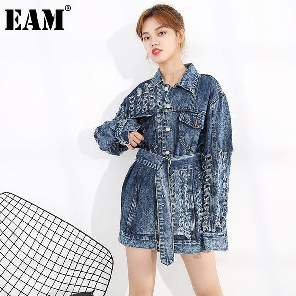 

women's jackets [eam] loose fit navy blue holes denim big size jacket lapel long sleeve women coat fashion tide spring autumn 2021 1y91, Black;brown