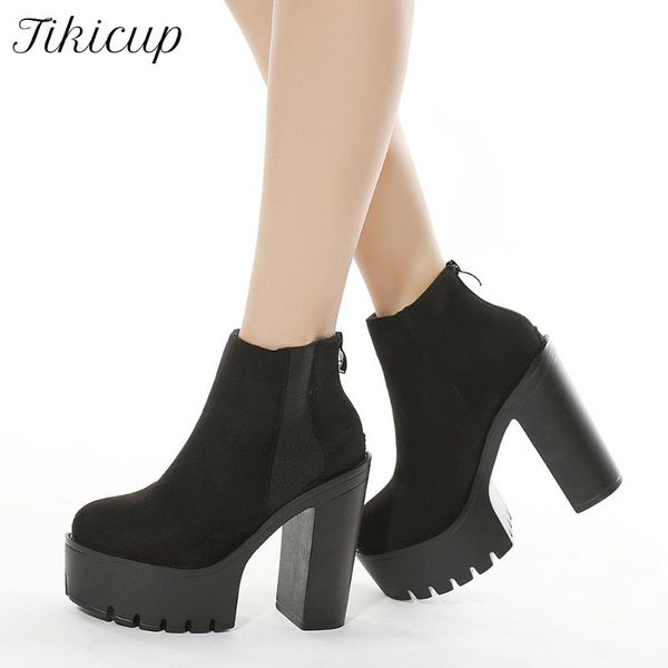 

tikicup women flock chunky platform boots synthetic suede 13cm extremely high heel booties non-slip all black goth pumps shoes