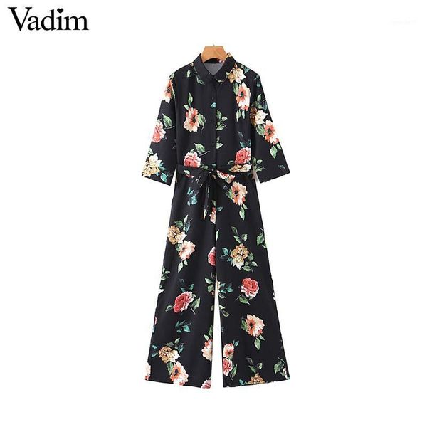 

women's jumpsuits & rompers vadim women elegant floral pattern bow tie sashes pockets chic female casual retro playsuits kb1271, Black;white