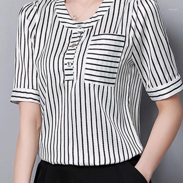 

women fashion black white stripe chiffon shirt new summer office lady shirt women blouses short sleeve blusas fashion 20201