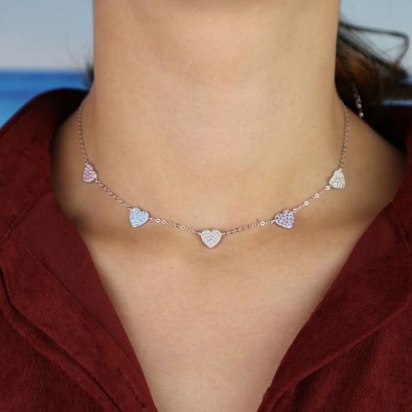 

chokers 2021 real 925 sterling women fashion colorful cz cubic zirconia heart choker necklaces valentine's day gift party jewelry, Golden;silver