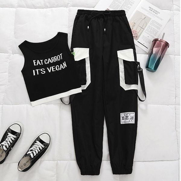 

spring black ribbon cargo pants women high waisted joggers women women's summer big pocket sweatpants 201031, Black;white