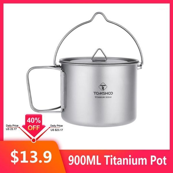 

camp kitchen tomshoo 900ml titanium pot portable water mug cup with lid and foldable handle for outdoor camping cooking picnic1