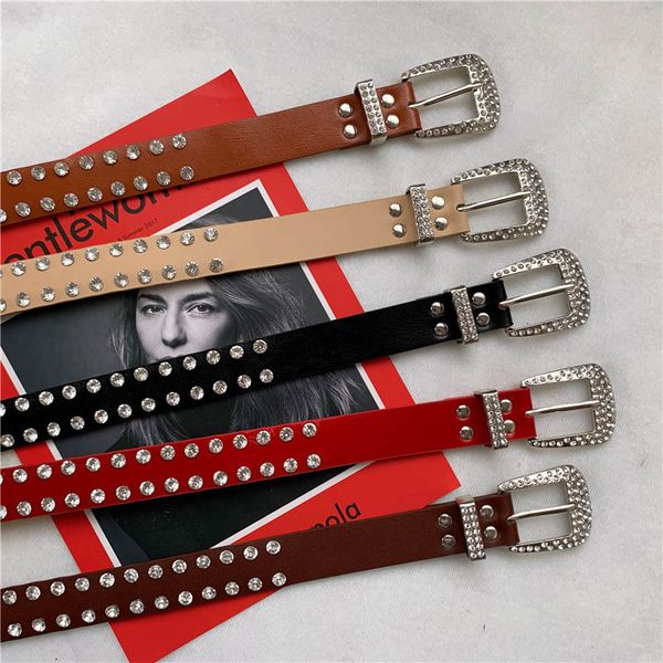 

women belt pu leather rhinestones pin buckle female waist strap trousers jeans dress waistband, Black;brown