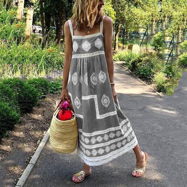 

blusa feminina roupa feminina women summer boho print beach holiday dress strap big swing dress womens and blouses1, Black;gray