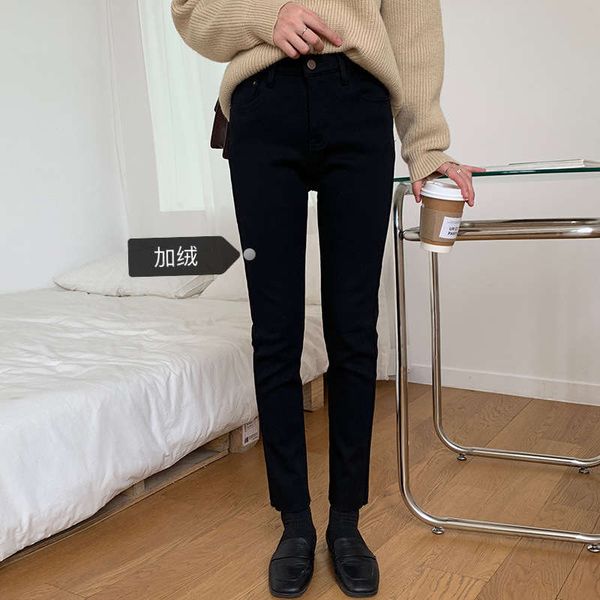 

huang zheng's high waist ripping elastic plush black jeans women's 2020 winter slim leggings k8346, Blue