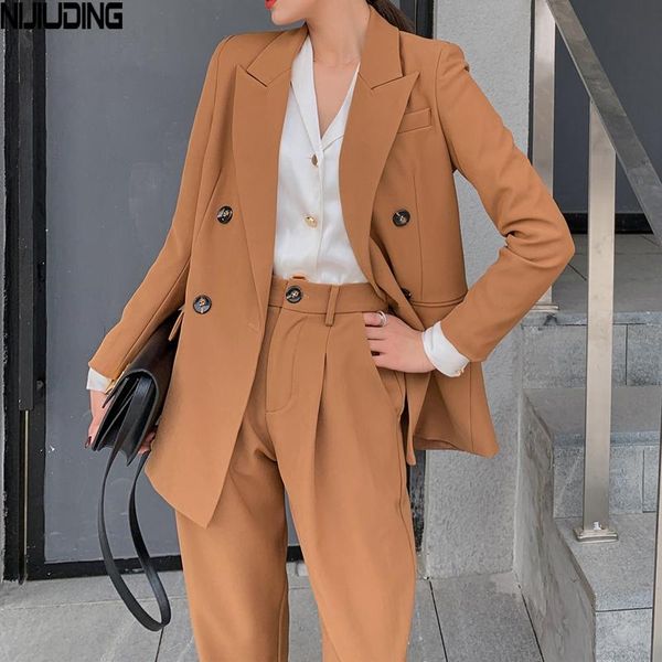 

vintage spring autumn women pant suits loose blazer jacket and wide leg pants office lady two piece suits female casual sets, White