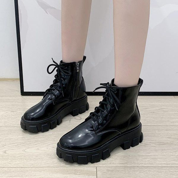 

boots solid black leather ankle for women thick sole platform motorcycle autumn winter shoes woman female plus size