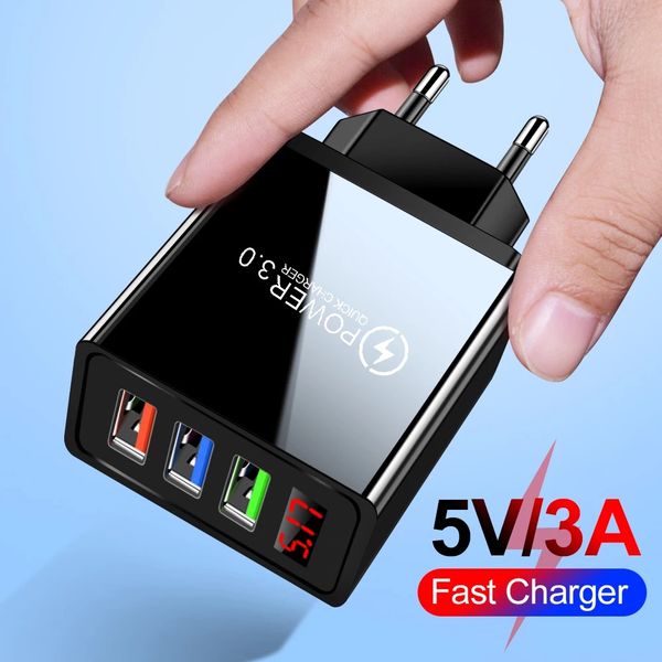 

digital display mobile phone charger 3 port usb charger 3a quick charge 3.0 fast charging travel wall adapter for samsung xiaomi