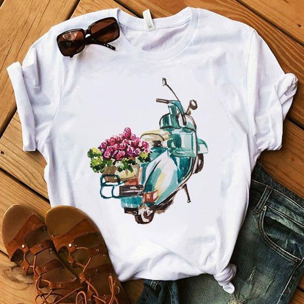 

summer casual women t shirts cartoon motorcycle printed fashion clothing harajuku casual korean style female tee, White