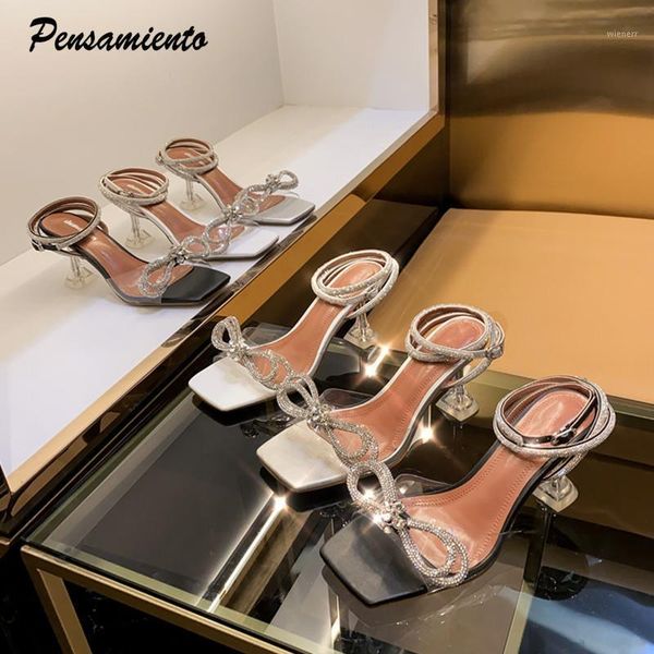 

bling bling rhinestone bowknot high heels women sandals fashion ankle strap crystal clear heeled gladiator sandals summer shoes1, Black