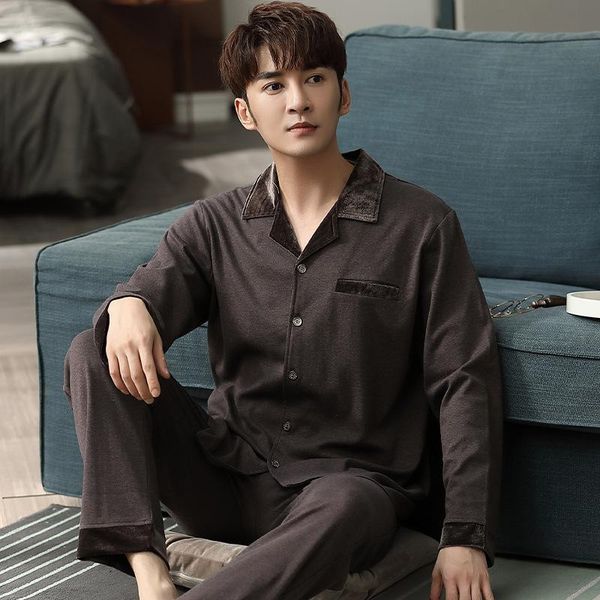

men's sleepwear pajamas spring and autumn long-sleeved middle-aged cotton cardigan models plus size home service suit ensemble homme, Black;brown