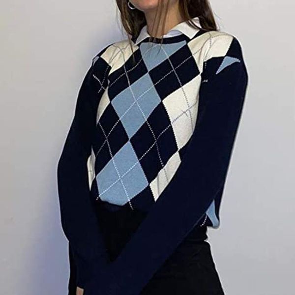 

women's lattice print sweater college studen argyle pattern outerwear fashion long sleeve england style sweater 2020, White;black