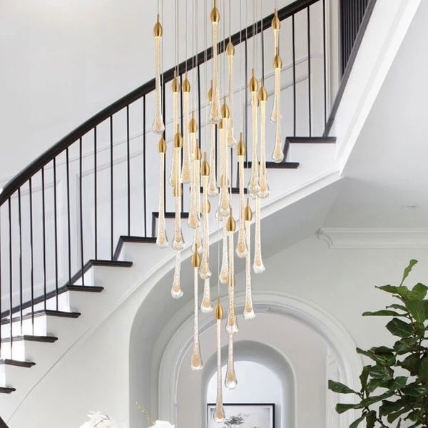 

luxury modern crystal chandelier for staircase large gold drop design led cristal lamp long villa lobby hanging lighting fixture