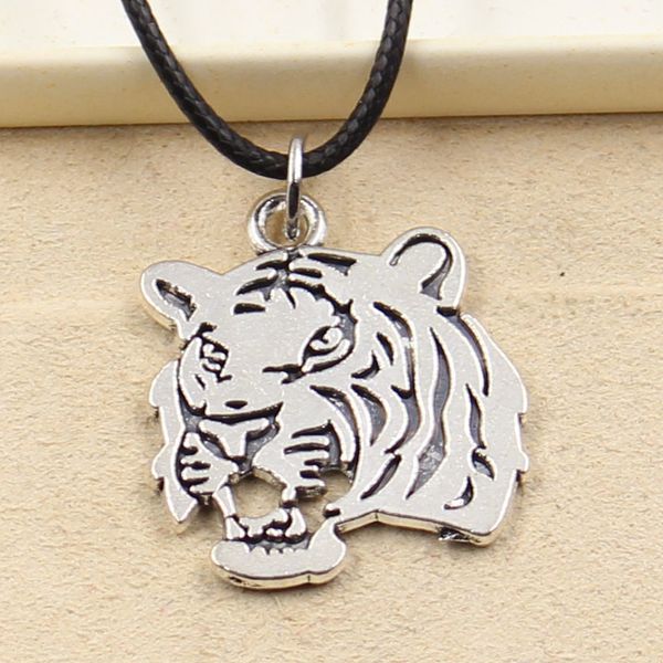 

tibetan silver color pendant tiger head necklace choker charm black leather cord factory price handmade jewelry fao6
