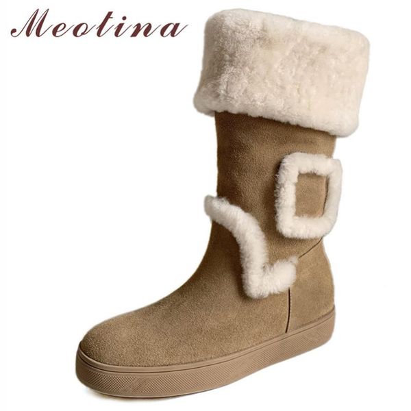 

meotina натуральная кожа снежные сапоги женщины real furn fur mid calf boots плоская платформа обувь круглый носок женщины зимний абрикос, Black