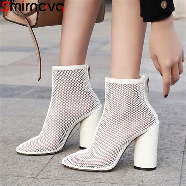 

boots smirnova 2021 summer shoes women round toe ankle thick high heels mesh hollowing out prom1, Black