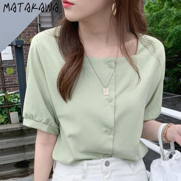 

women's blouses & shirts matakawa cotton and linen loose ladies shirt french summer retro square collar short sleeve women blouses1, White
