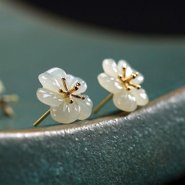 

stud s silver hetian white chalcedony plum earrings small craftsmanship niche design fairy fresh and lovely women's brand jewelry, Golden;silver