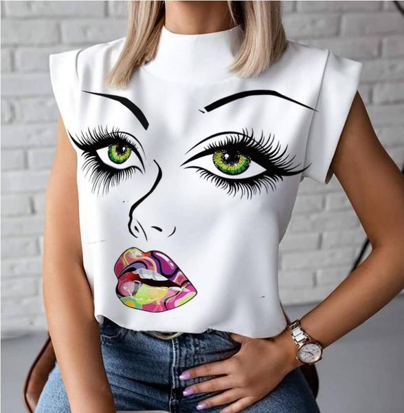 

women's blouses & shirts women elegant lips print blouse 2021 summer casual stand neck pullovers ladies fashion cute eye short sleeve, White