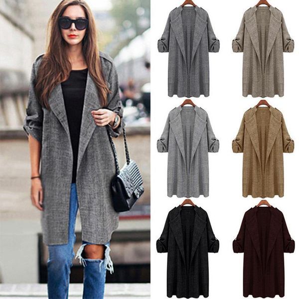 

fashion women jacket open front coat long cloak windbreaker overcoat spring autumn waterfall cardigan lady blusas chaqueta mujer, Tan;black